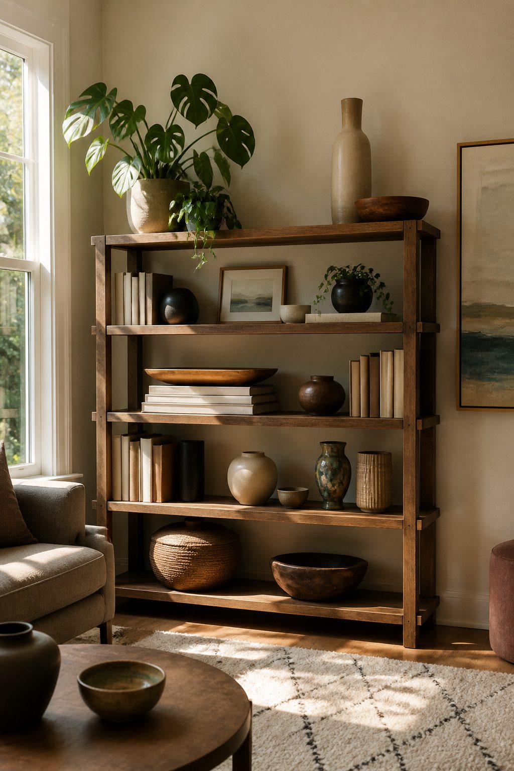 An arrangement of objects on a shelf showcasing height variation.