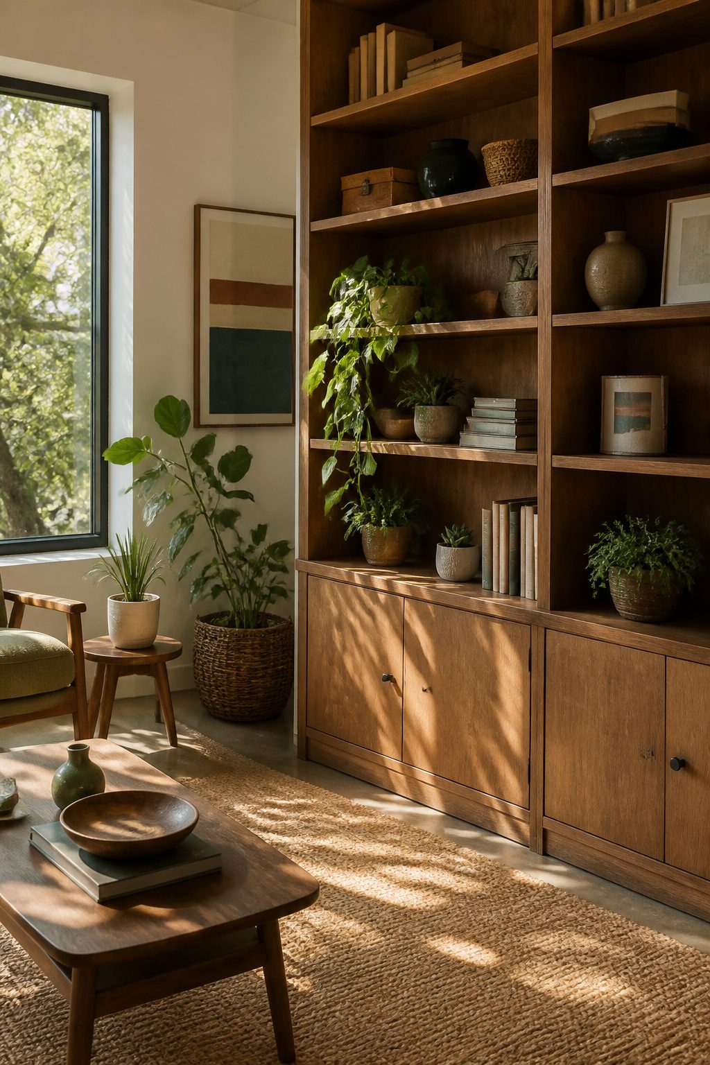 A trailing pothos plant and small fern on a bookshelf.