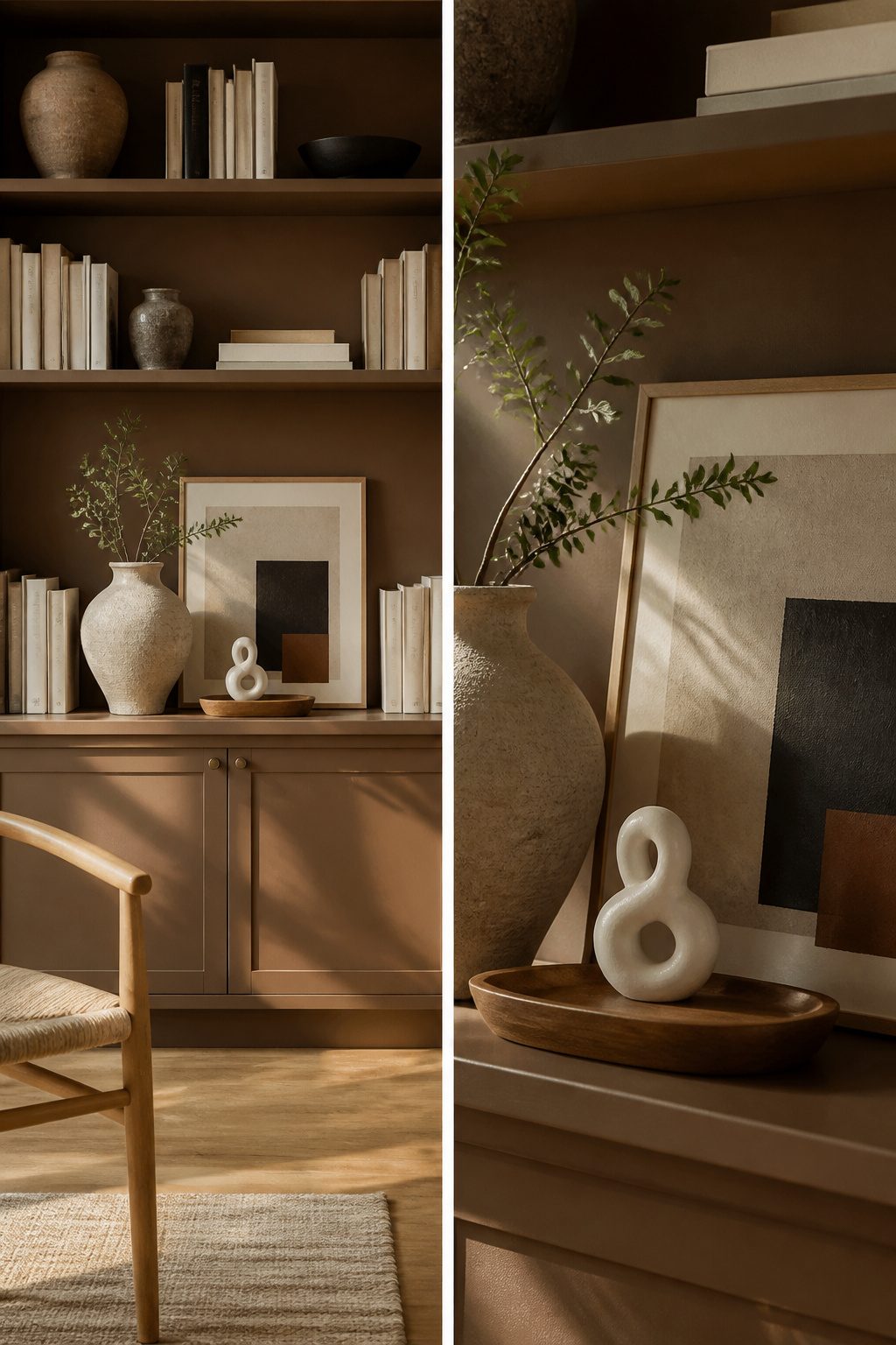A framed print leaned against the shelf with smaller objects in front.