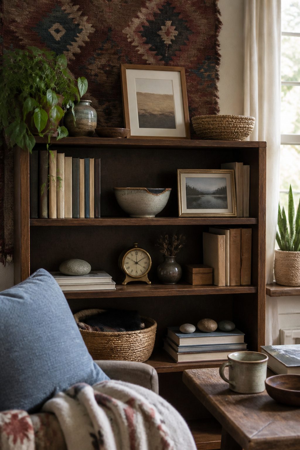 Personal items like a bowl and photos displayed on a bookshelf.