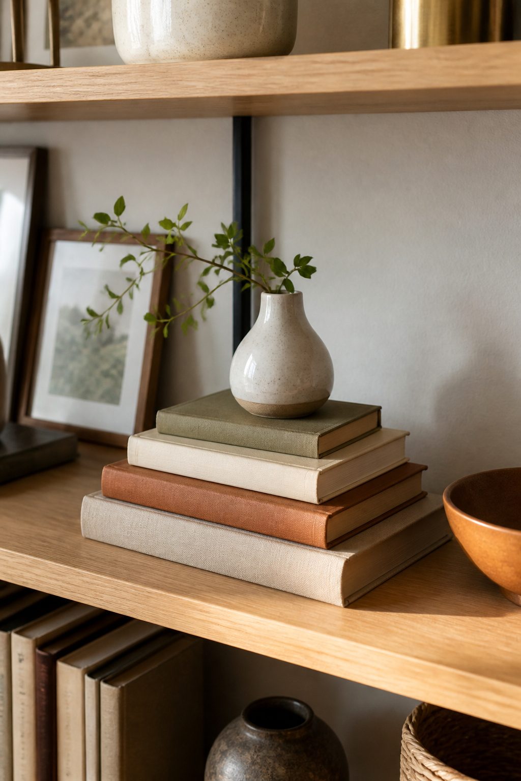 Stacked books with a ceramic vessel and greenery on a light wood shelf.