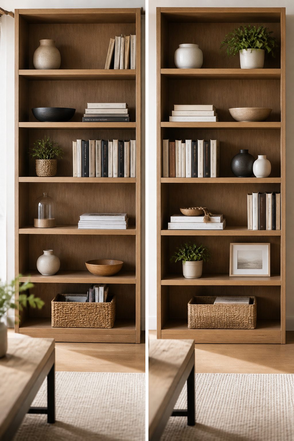 Books arranged vertically and horizontally on a styled bookshelf.