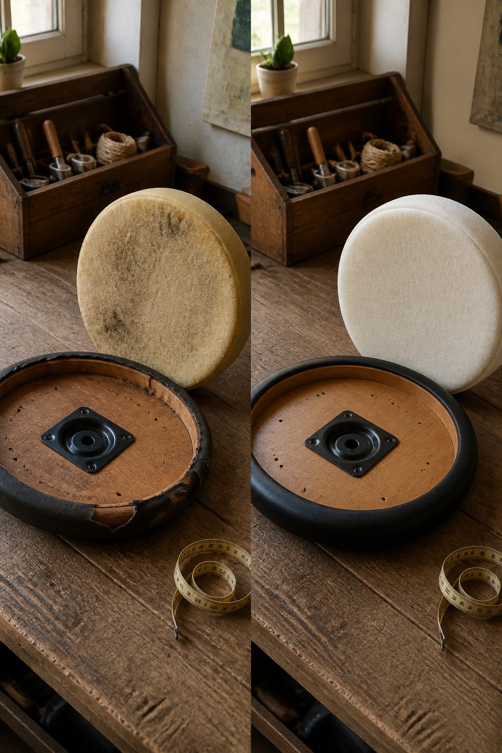 A hand pressing down on a bar stool cushion to test its firmness.