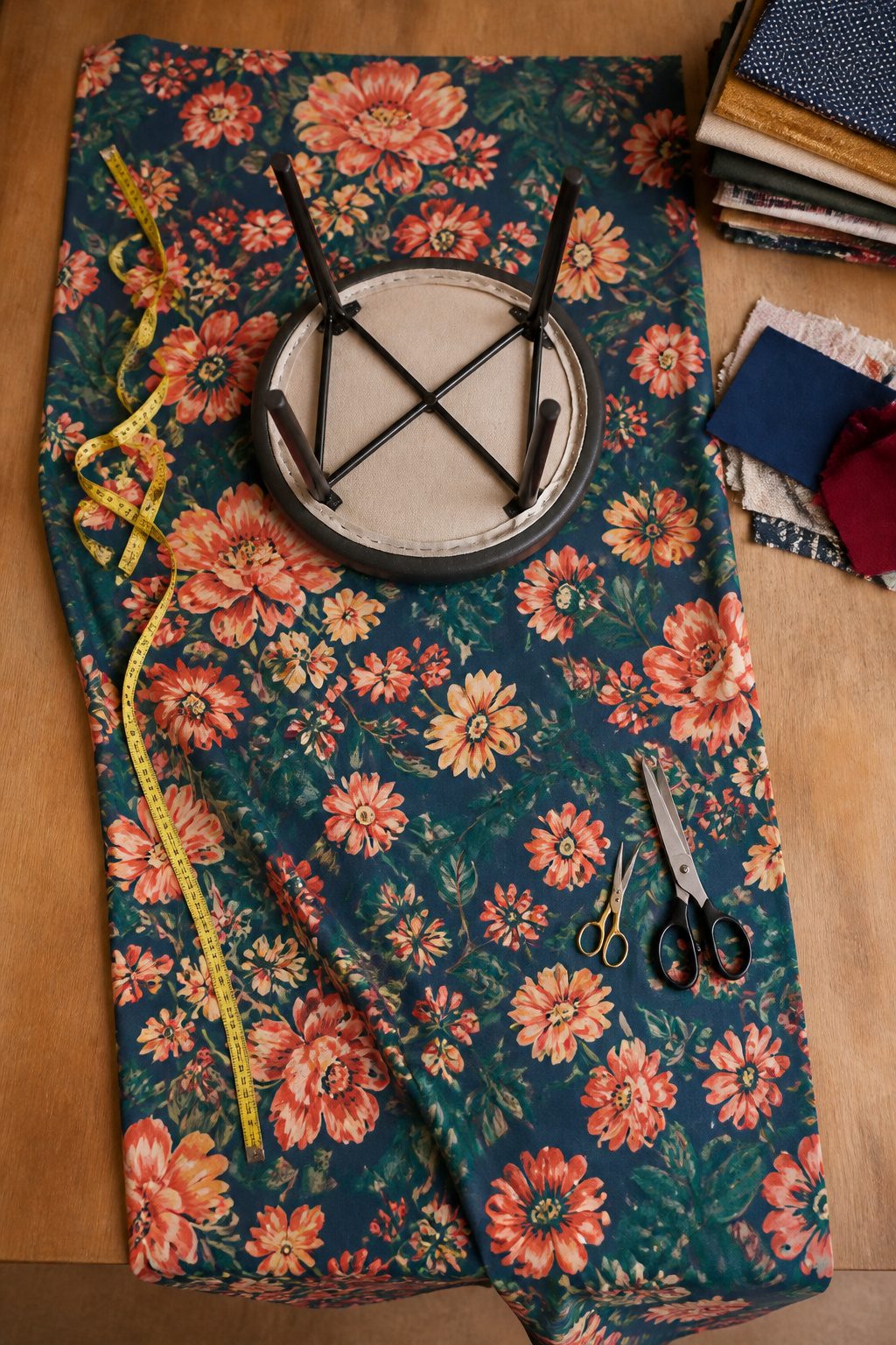 A long strip of fabric laid out with a bar stool seat on top.