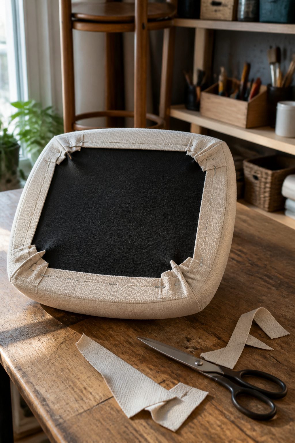 A bar stool seat with neatly folded corners and extra staples.