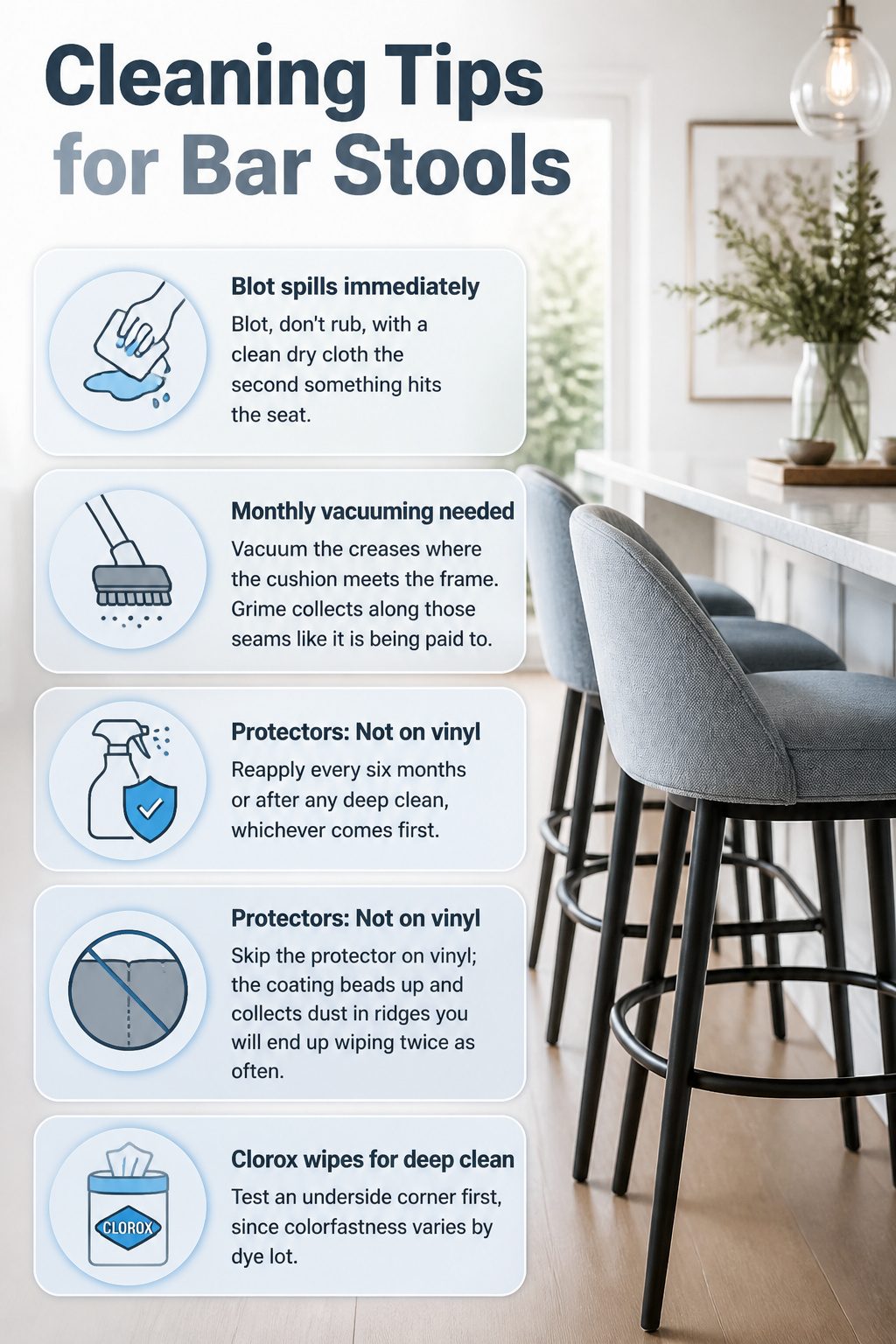 Cleaning supplies and tips for maintaining bar stool upholstery.