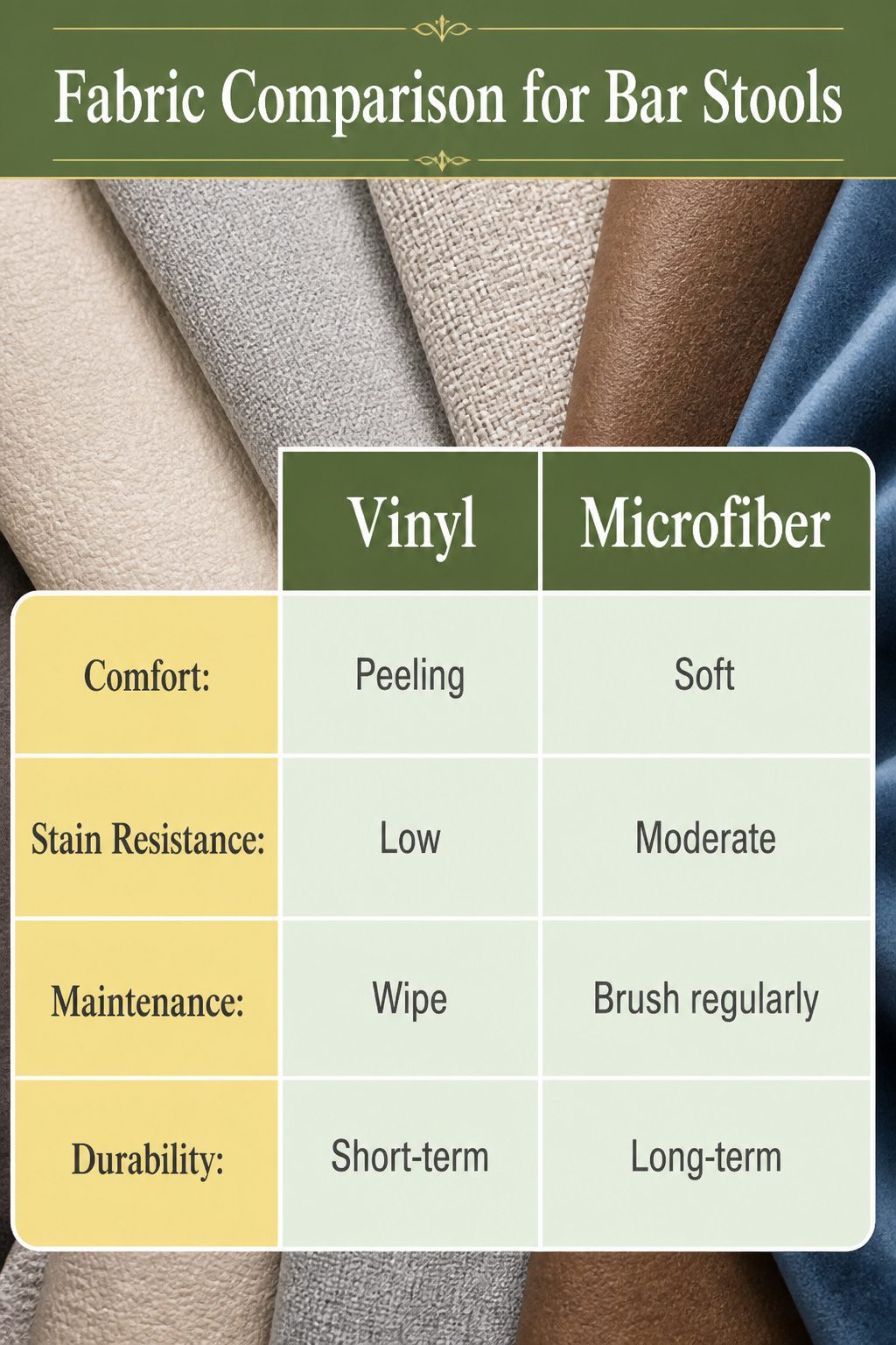 Different fabric samples laid out for comparison for bar stools.