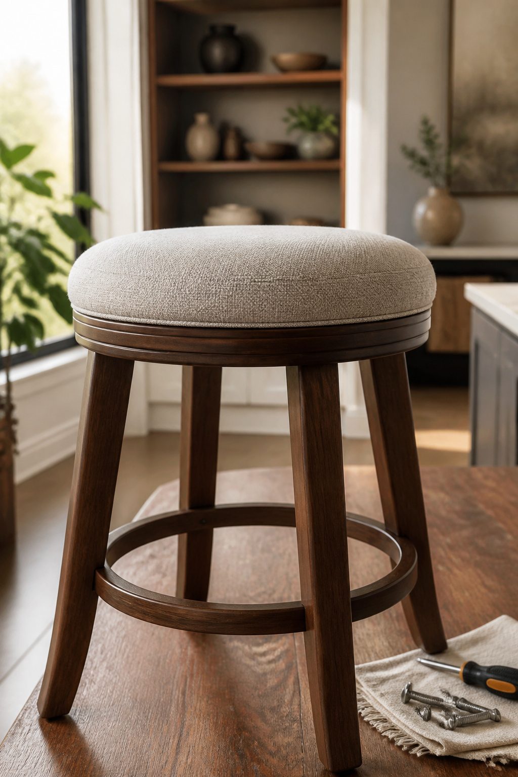 A bar stool seat being reattached to its wooden base with screws.