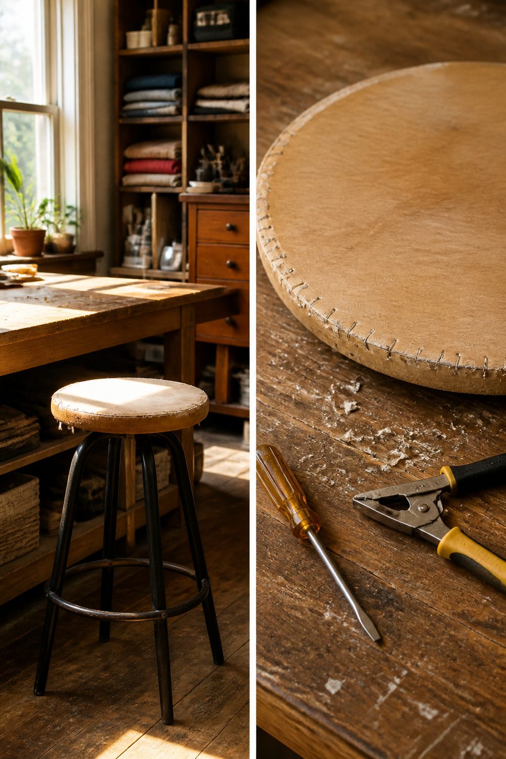 A bar stool seat with old fabric being stripped away and staples removed.
