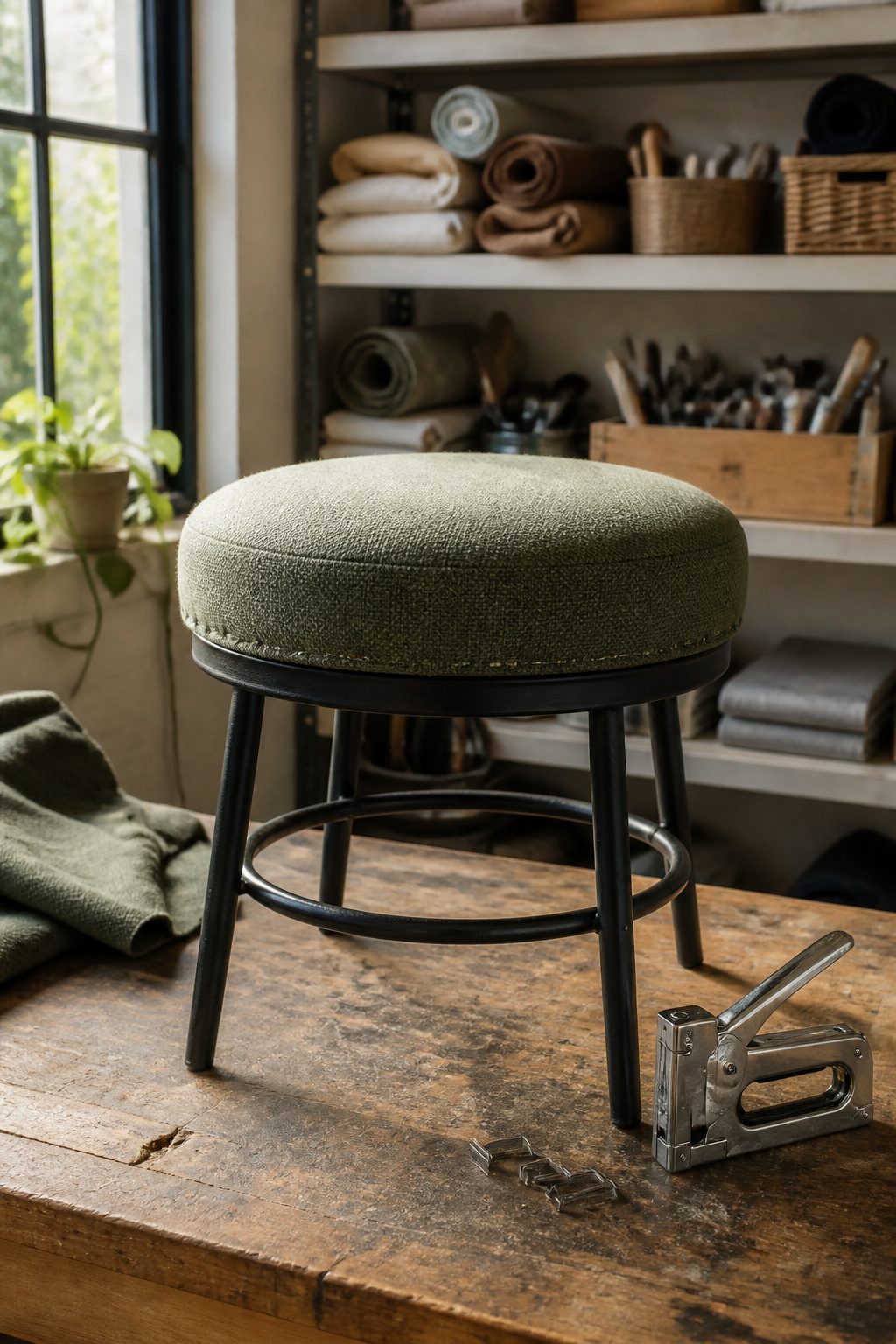 A freshly upholstered bar stool seat with visible staples at the edges.