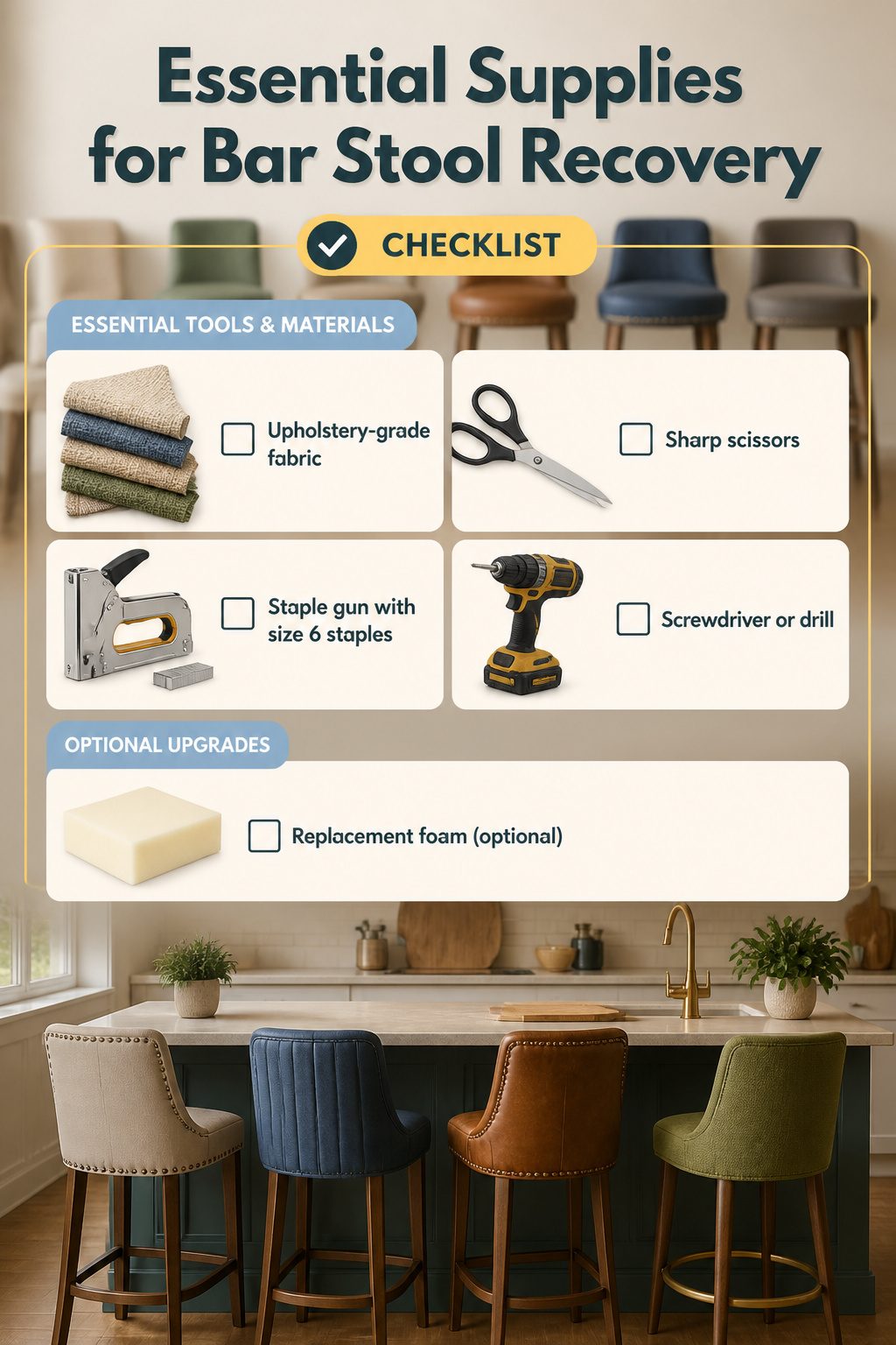 A collection of tools and materials needed for bar stool recovery.