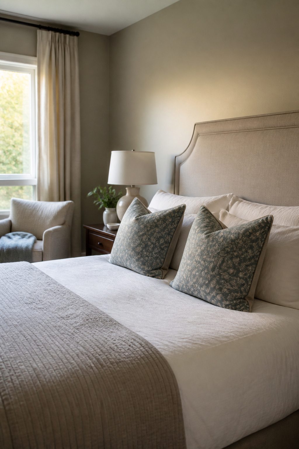 A bed with standard sleeping pillows and accent pillows in front.