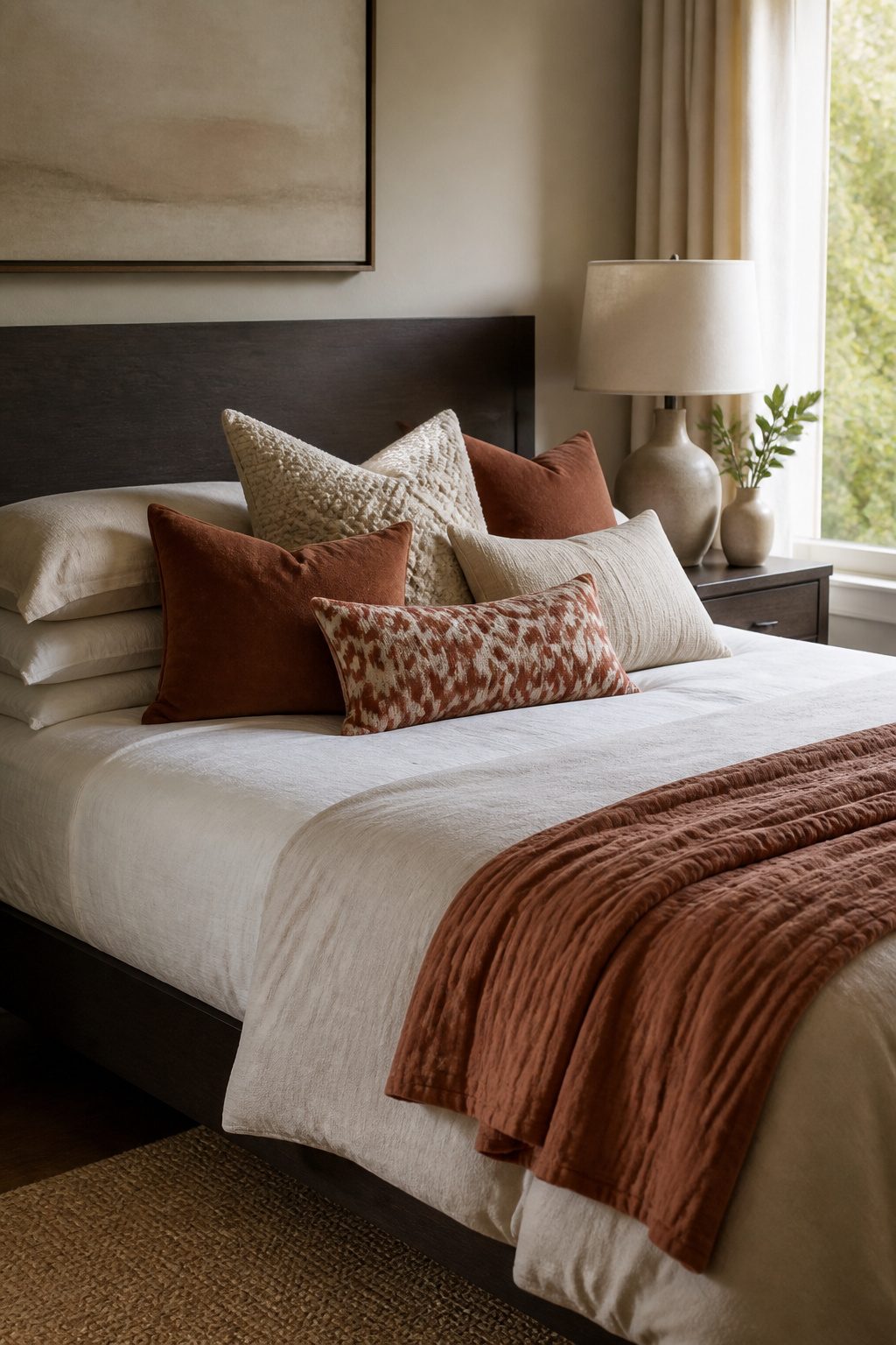 A bed with an asymmetrical arrangement of pillows in different sizes.