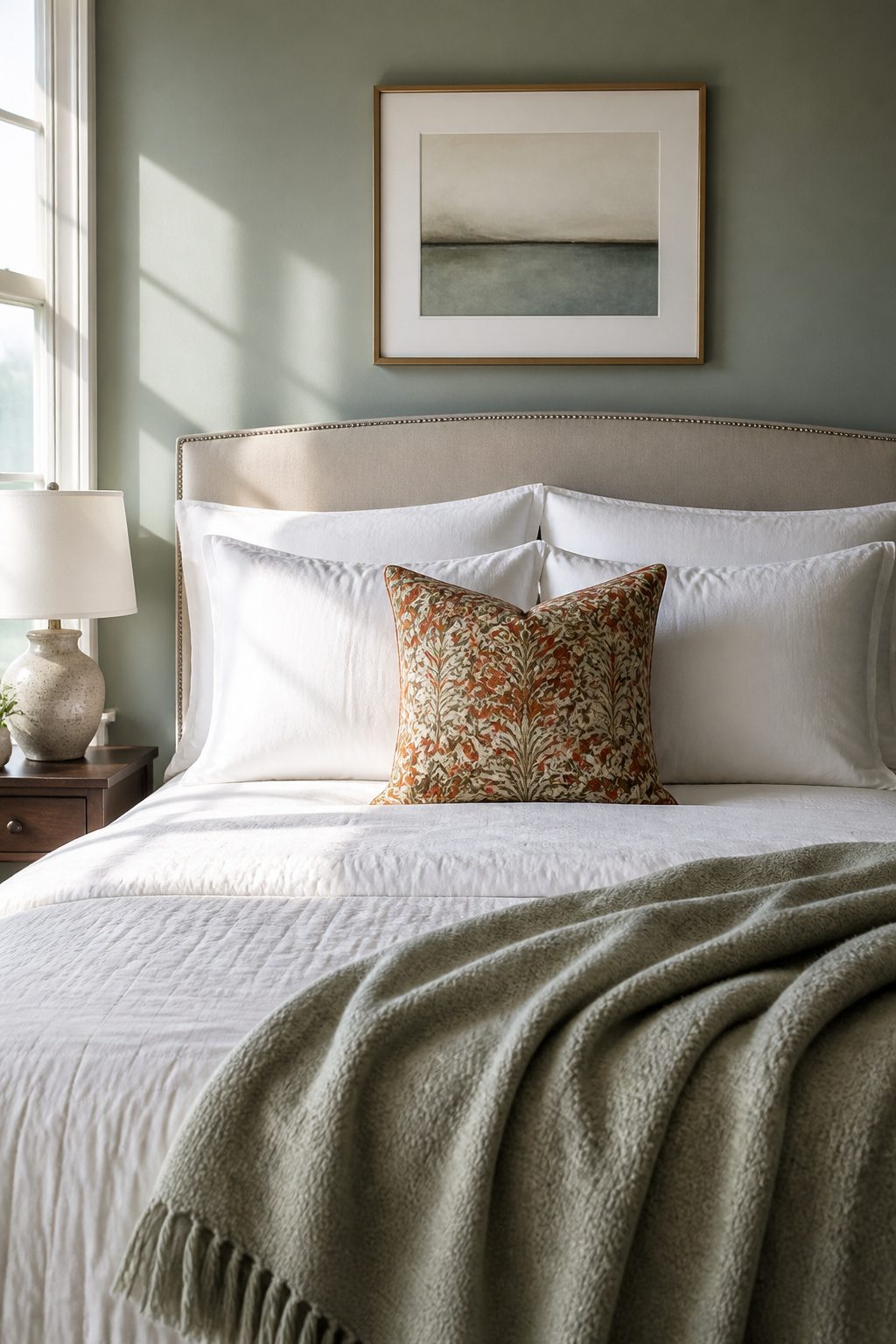 A neatly arranged bed with two sleeping pillows and one decorative accent pillow.