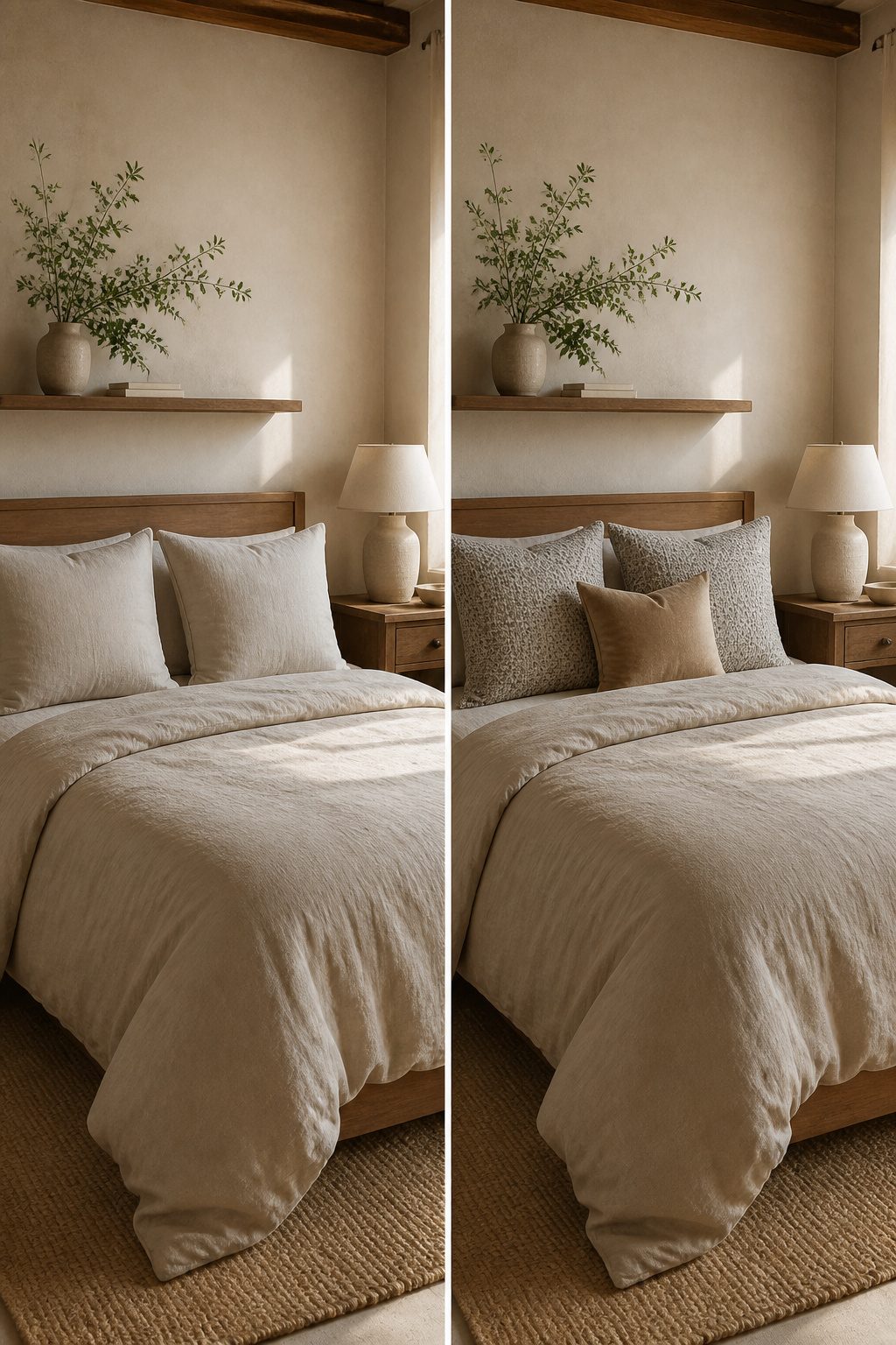 A photograph showing a bed styled with various colors and textures of pillows.