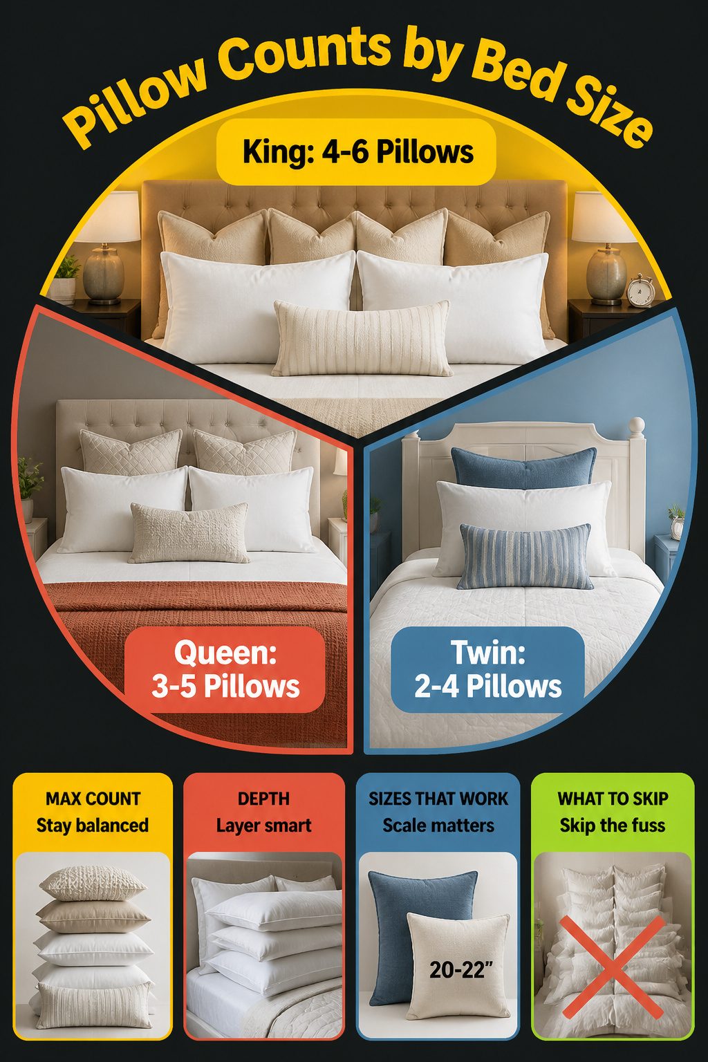 An information image showing recommended pillow counts for different bed sizes.