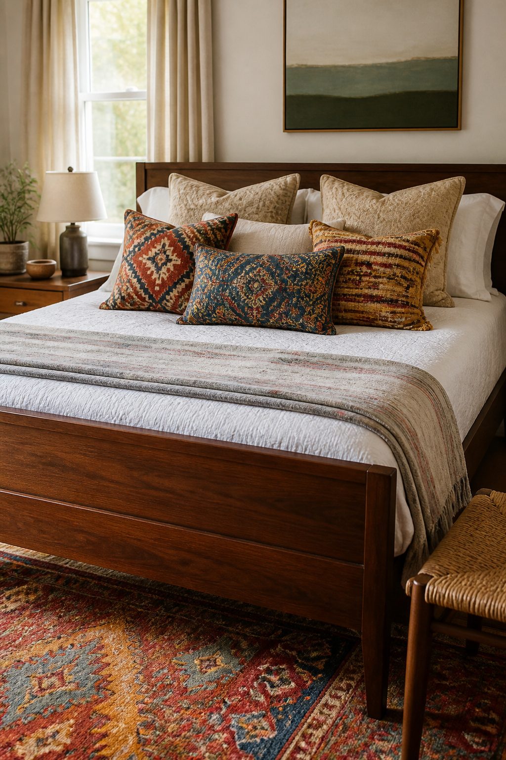 A bed arranged with an eclectic mix of pillows in different colors and patterns.