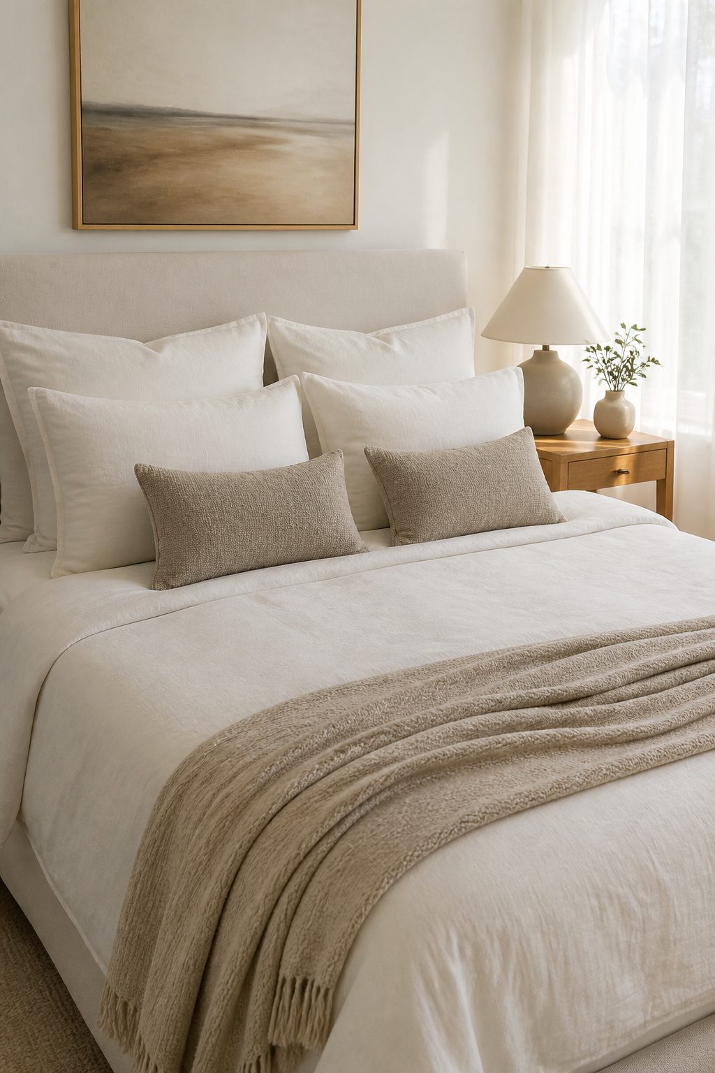 A full bed with standard and lumbar pillows arranged for minimalism.