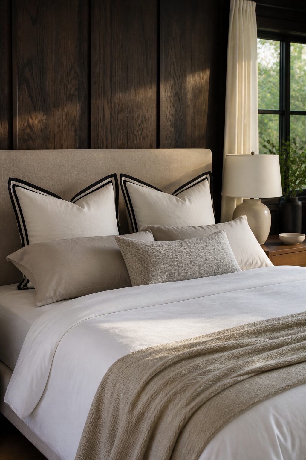 A bed featuring standard pillows with bold trim and layered neutral pillows.