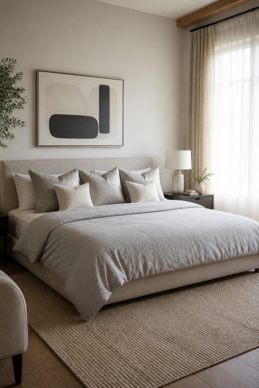 A king bed styled with Euro shams and sleeping pillows in a hotel-inspired arrangement.