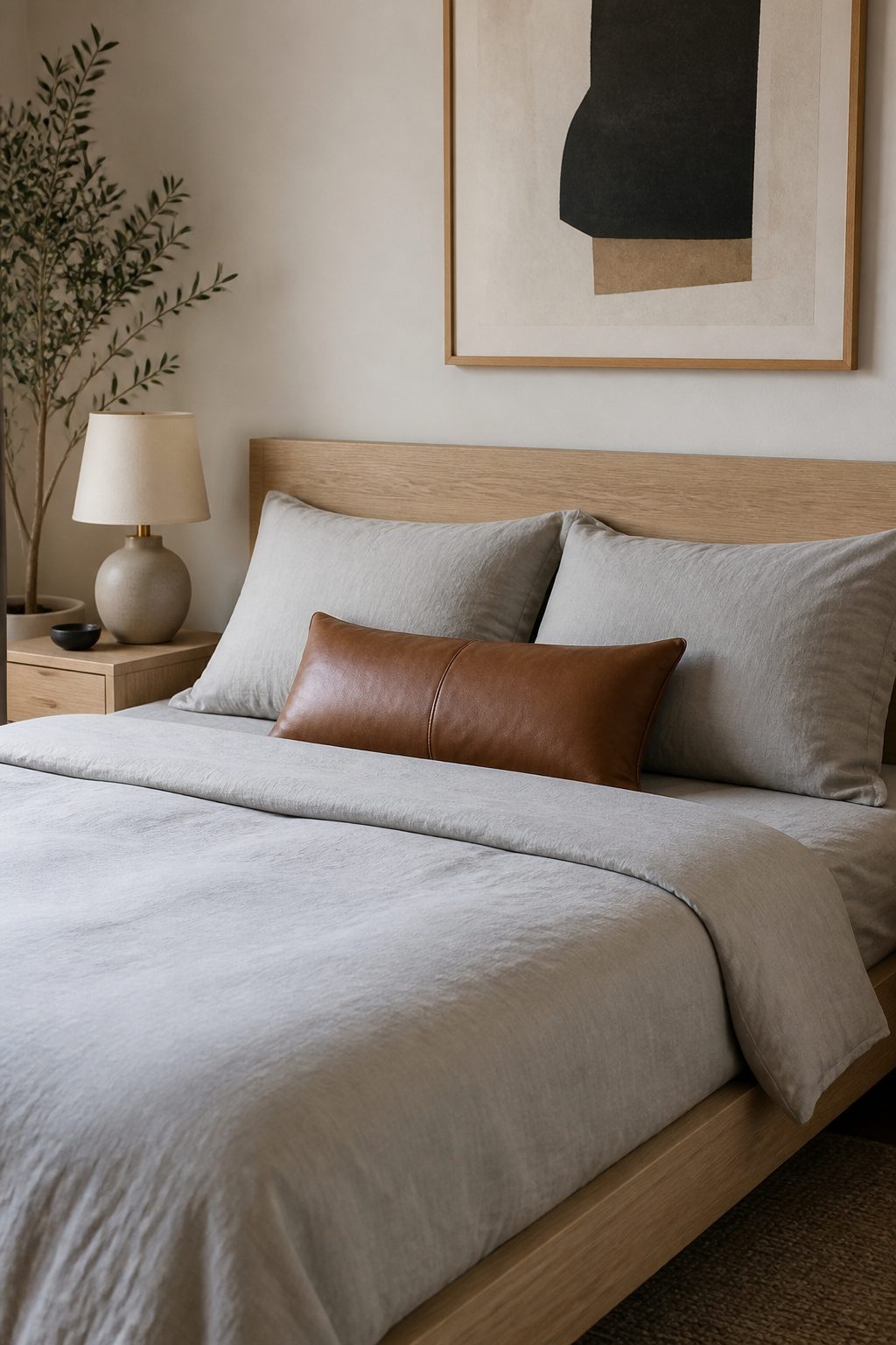 A bedding arrangement featuring a leather lumbar pillow and standard pillows.