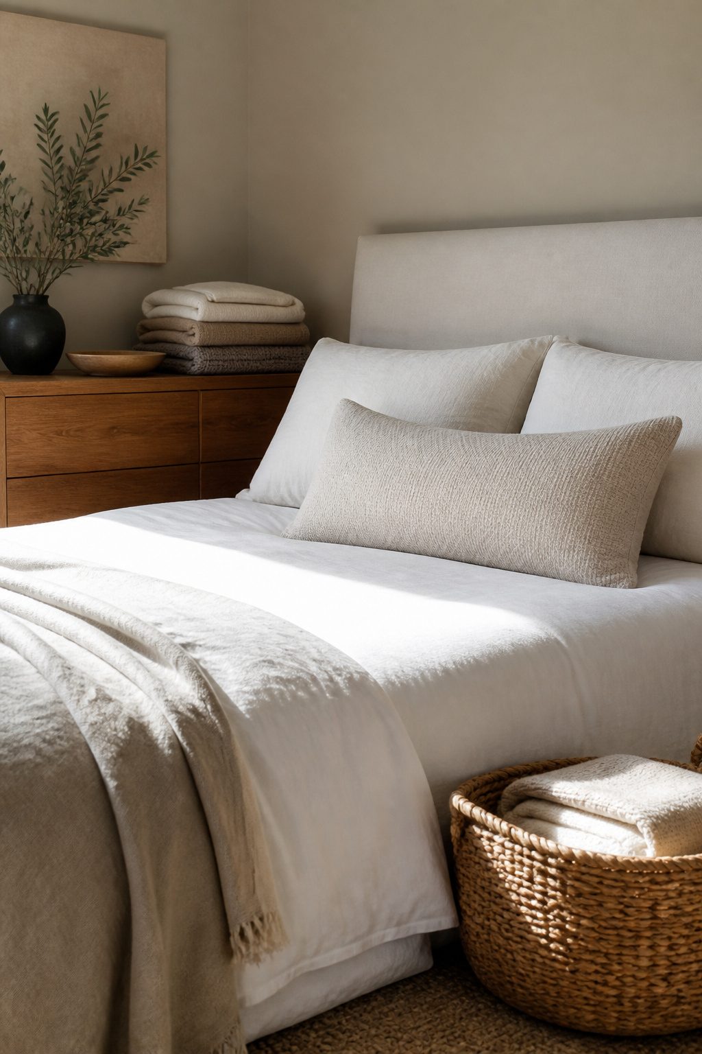 A bed featuring neutral pillows that add a calming effect to the room.