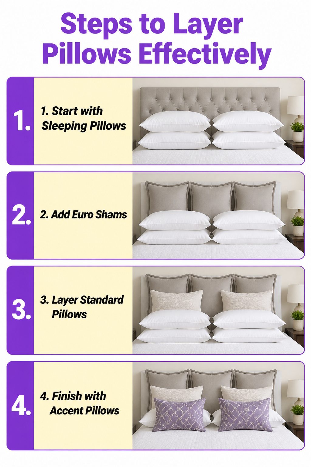 An information image detailing the steps to layer pillows on a bed.