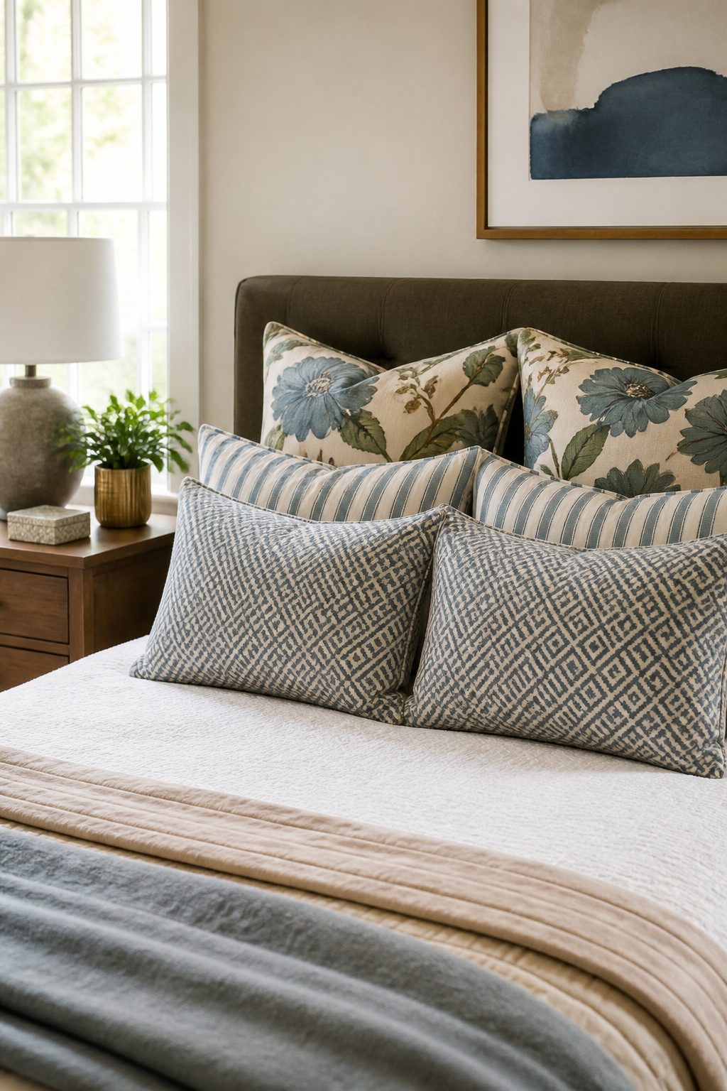 A bed showcasing multiple patterned pillows in a layered arrangement.