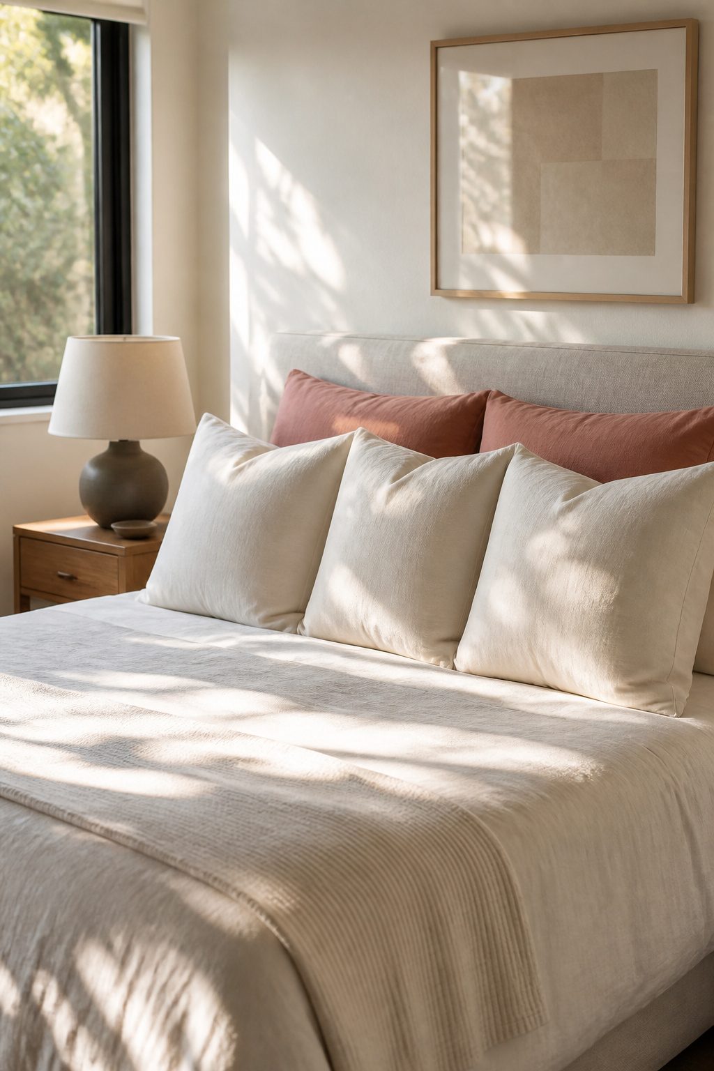 A bed showing Euro shams with hidden color peeking through other pillows.