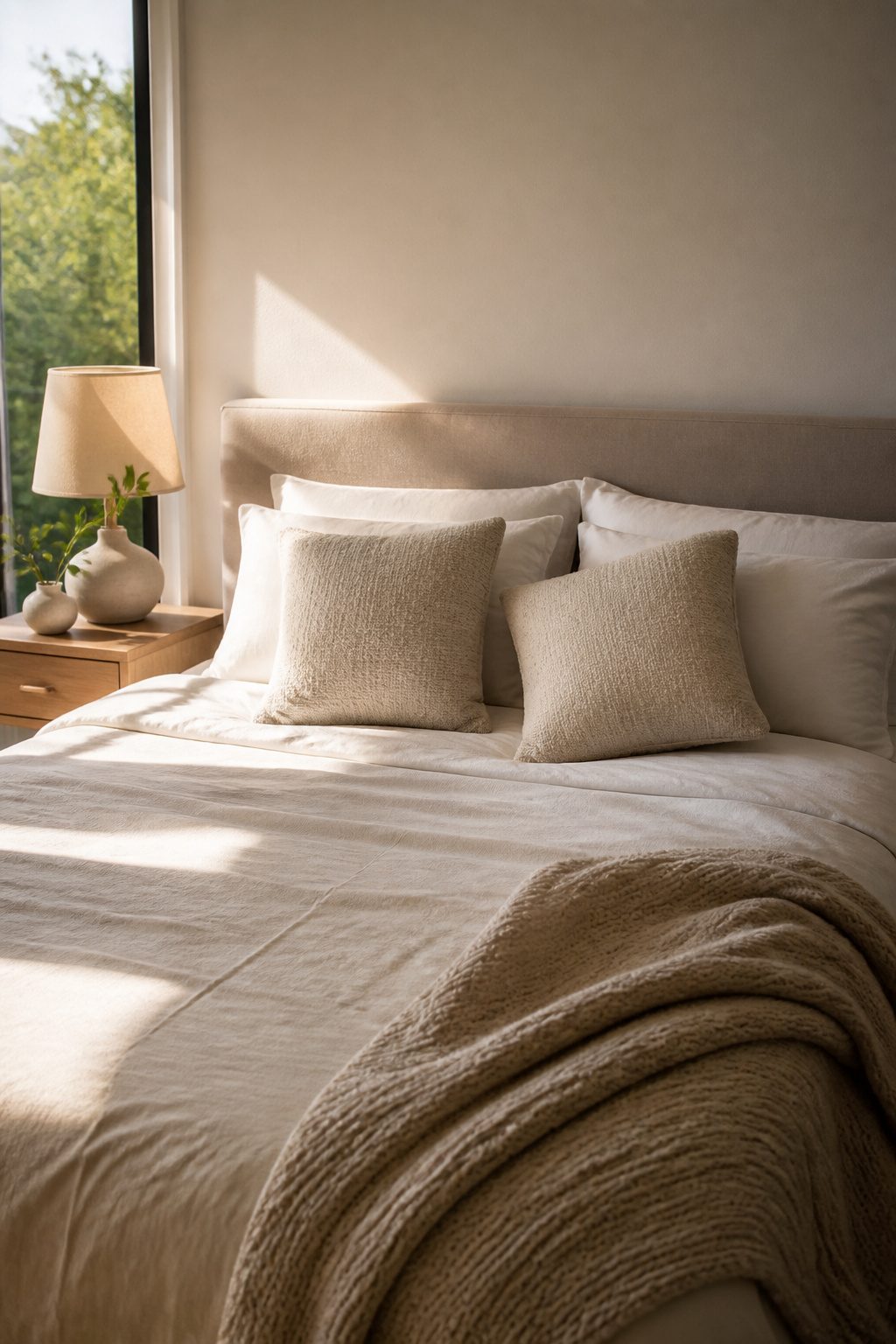 A bedding arrangement with standard and throw pillows in a casual layout.