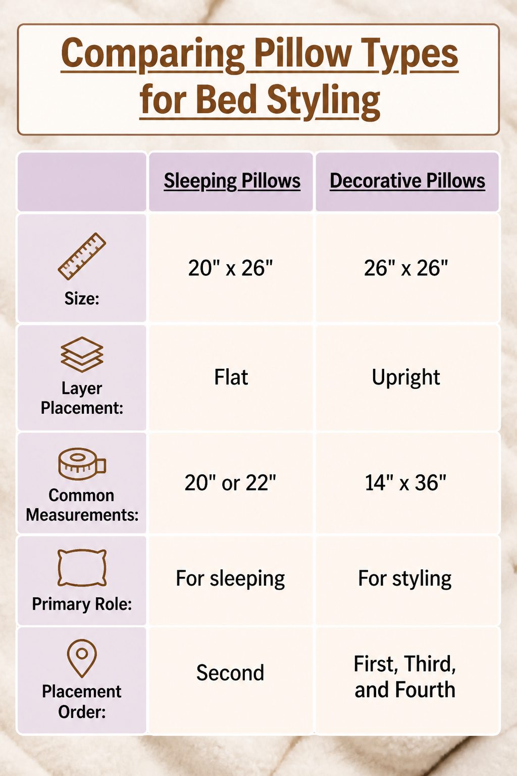 An information image comparing different types of pillows for bed styling.