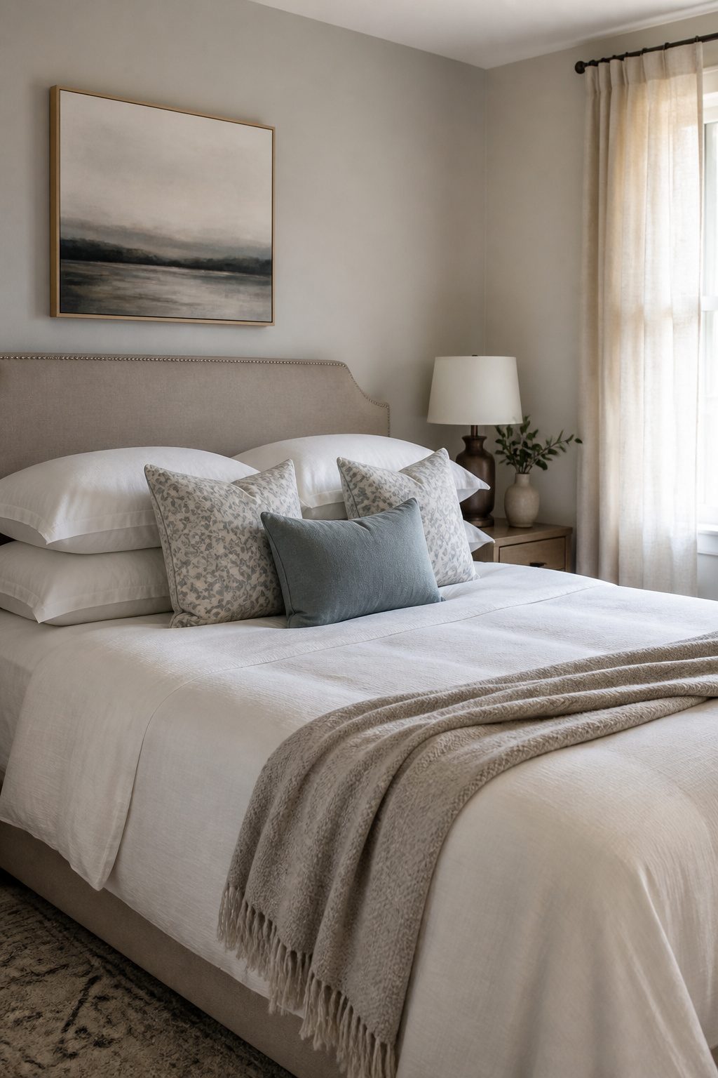 A practical bedding arrangement with sleeping and decorative pillows in front.