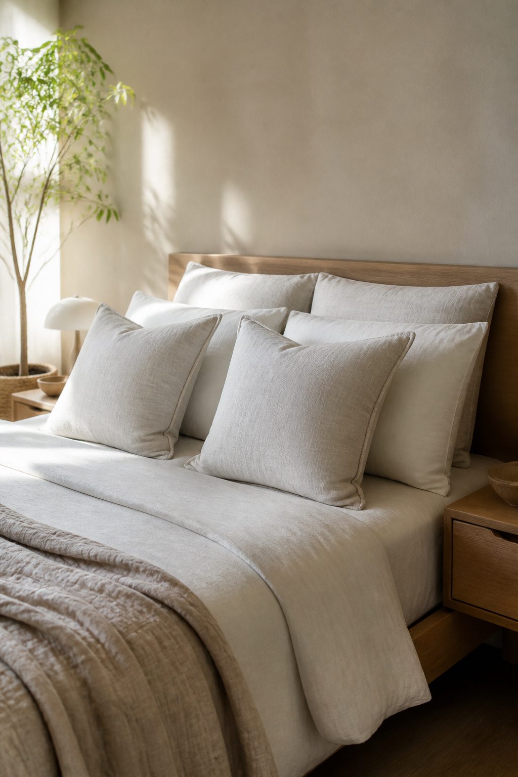 A bed with sleeping pillows stacked in front of shams for a modern look.