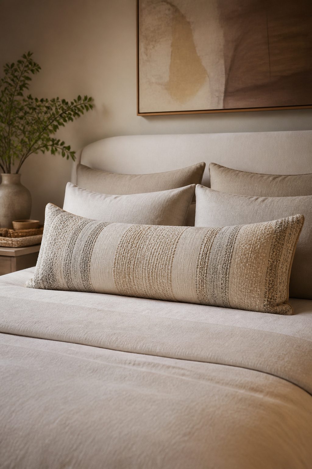 A bed with standard sleeping pillows and a prominent lumbar pillow.