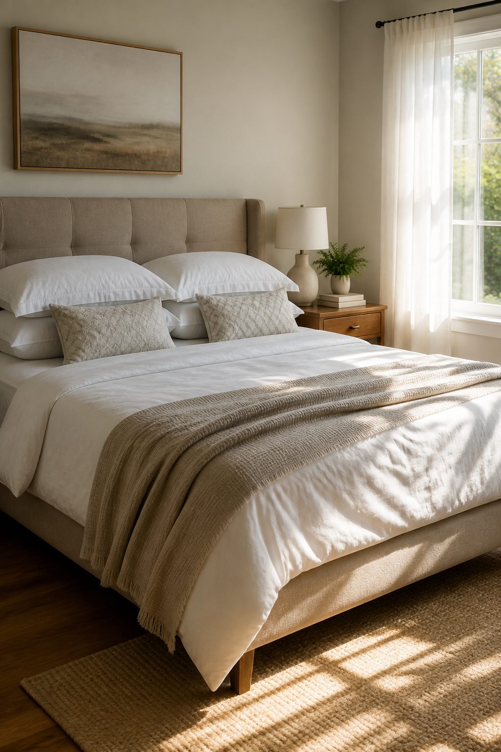 A queen-sized bed with stacked sleeping pillows and lumbar pillows in front.