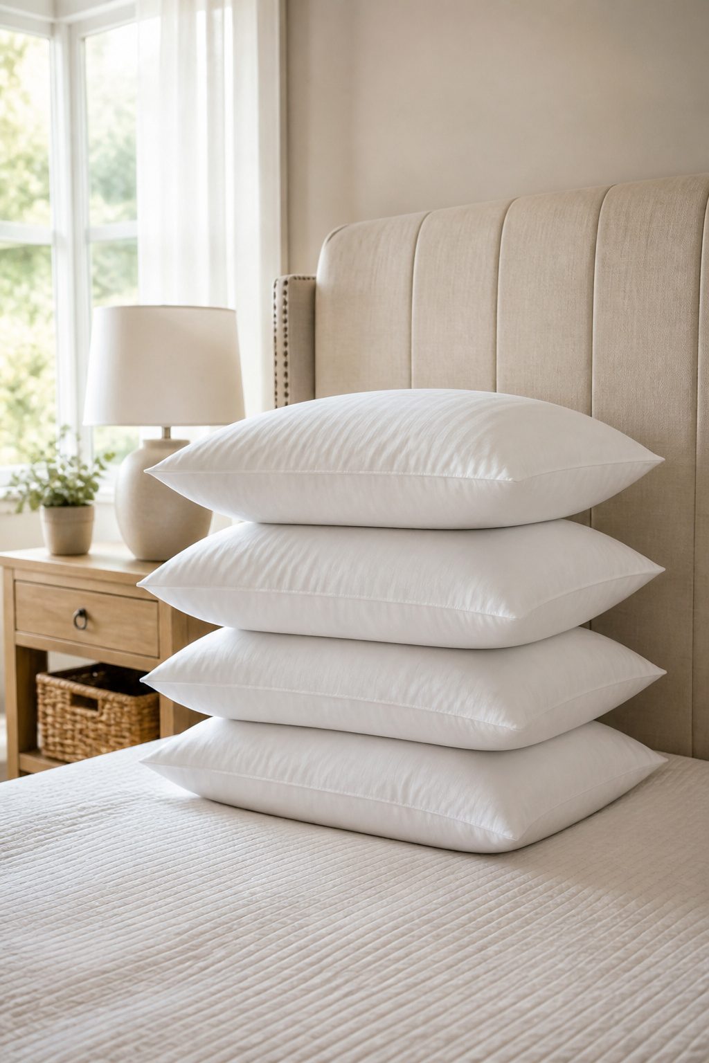 A simple arrangement of four standard sleeping pillows on a bed.