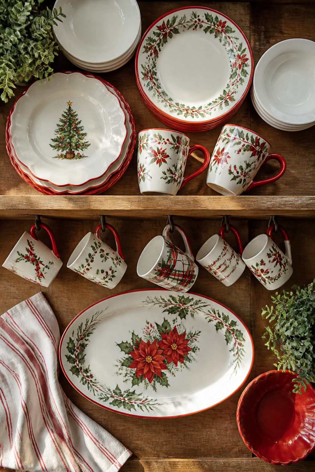 Holiday plates and mugs displayed on a wall mug rack.
