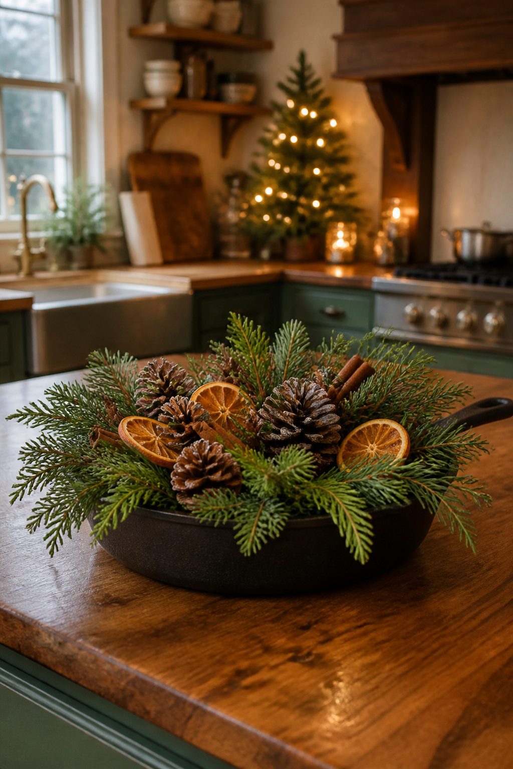 A holiday centerpiece featuring faux garland and pinecones on a kitchen island.