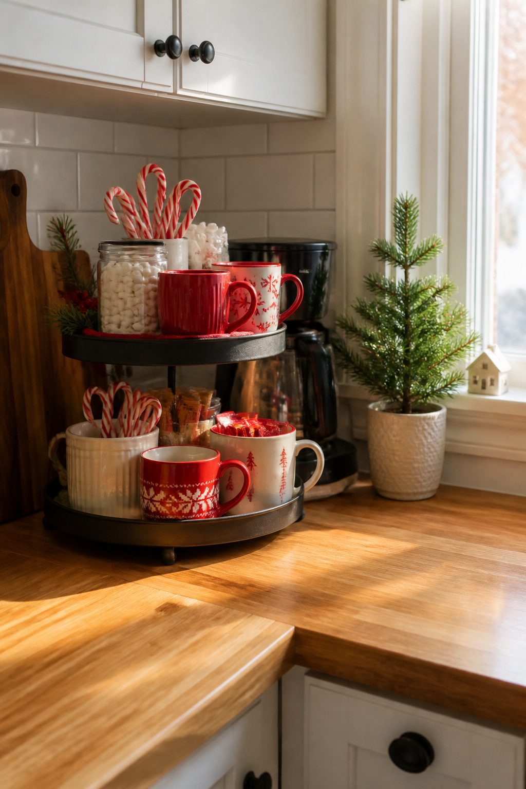 A tiered tray holding mugs, cocoa packets, and marshmallows on a kitchen counter.