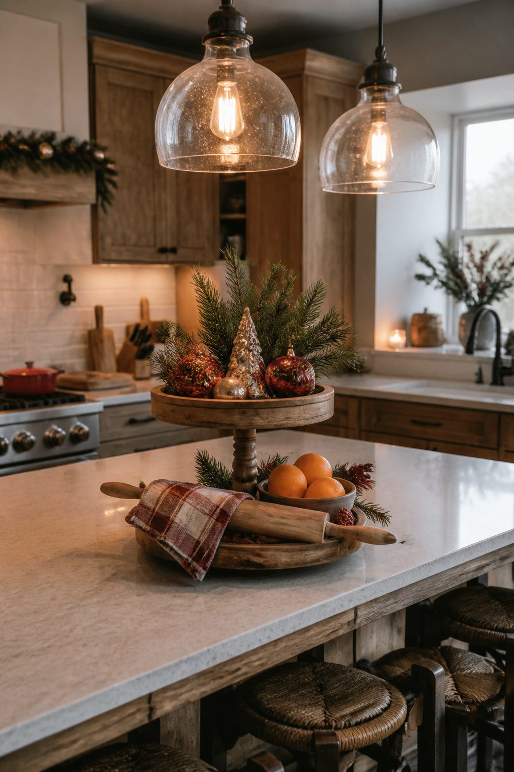 A two-tiered tray decorated with ornaments and kitchen items on a kitchen island.