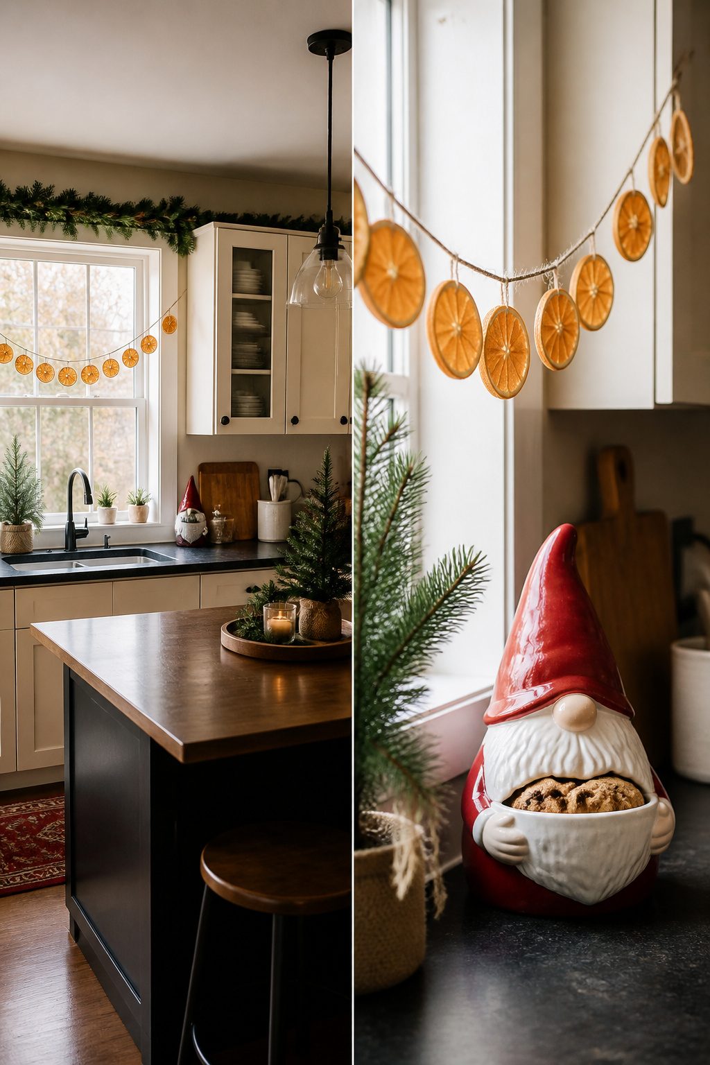 Dried orange slices strung across a window in a kitchen.