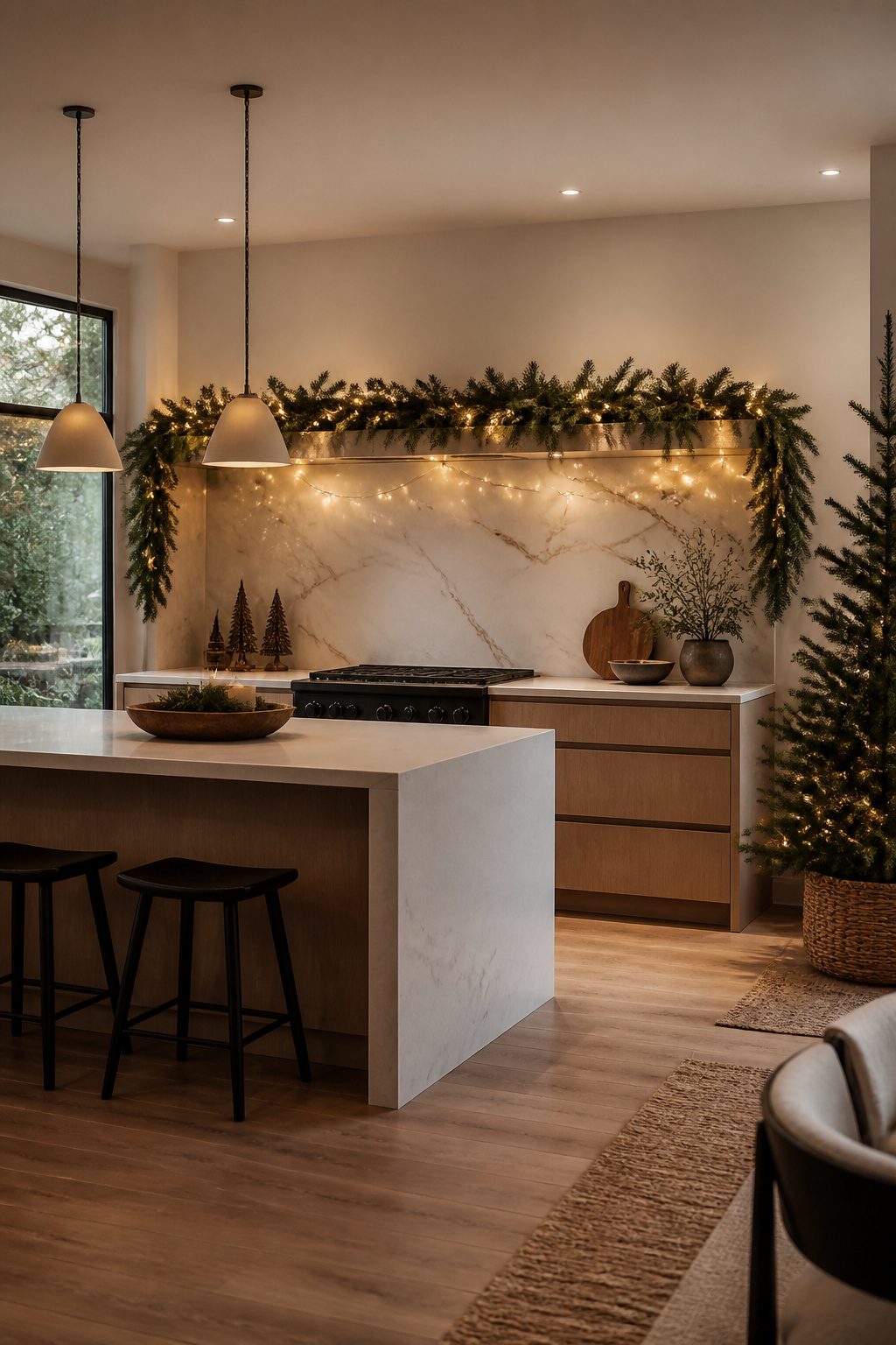 Garland with string lights draped in a kitchen.
