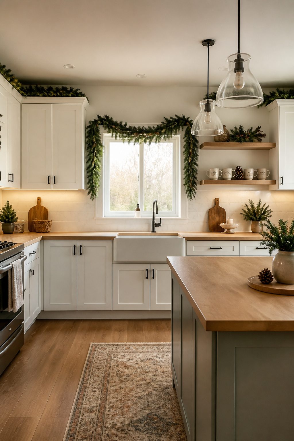 A faux garland placed above a kitchen sink.