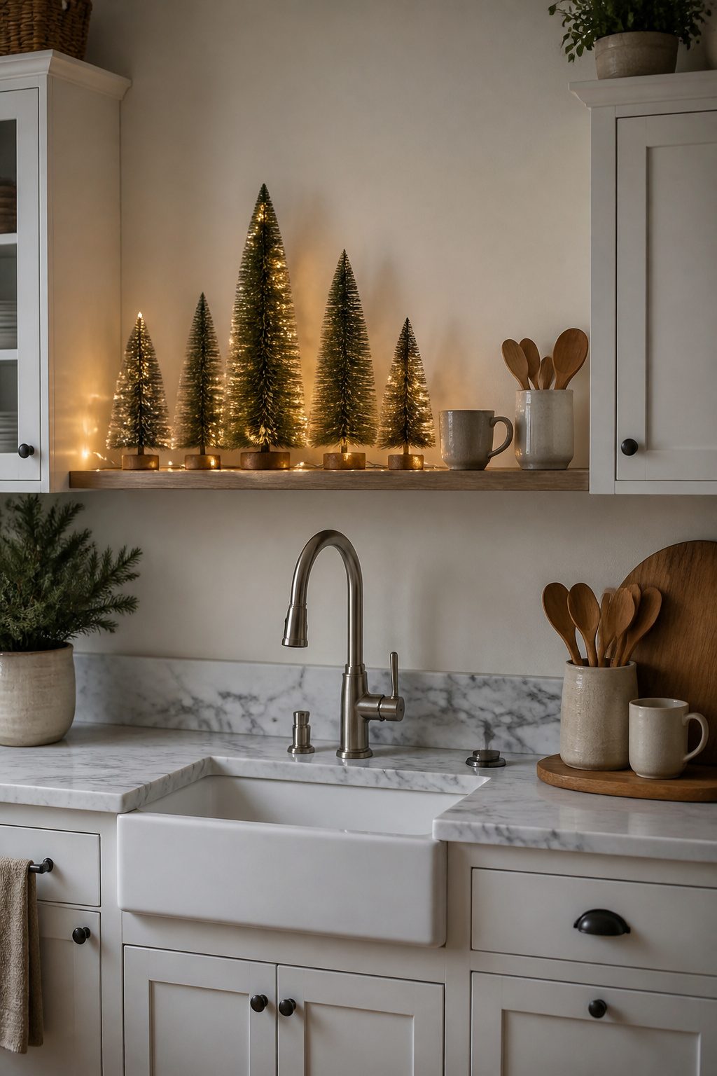 A set of bottlebrush mini trees arranged on a shelf above a sink.