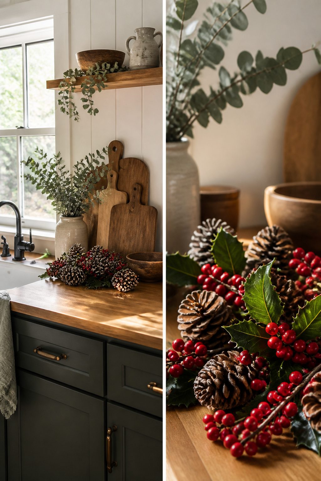 Fresh cedar branches and pinecones arranged on a kitchen counter.