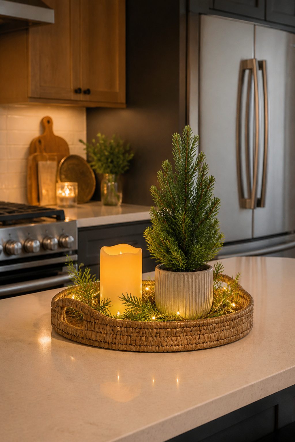 A decorative tray with an LED candle and greenery on a kitchen counter.