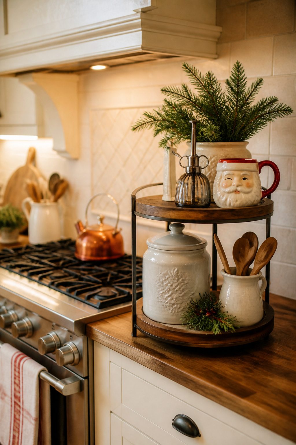 A tiered tray with seasonal decorations and kitchen items beside a stove.