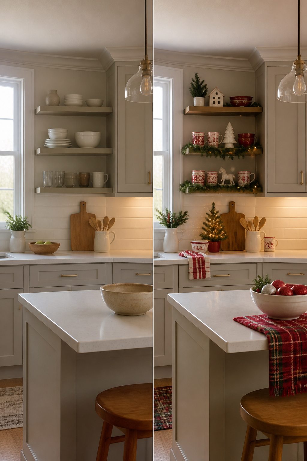Christmas decorations in red and white displayed in a kitchen.