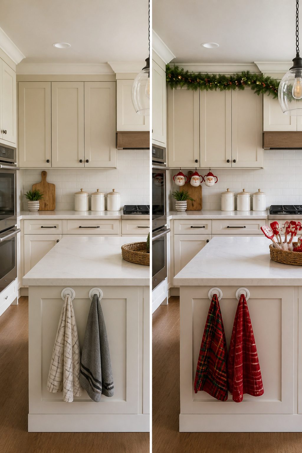 Plaid Christmas towels hanging in a kitchen with everyday items.