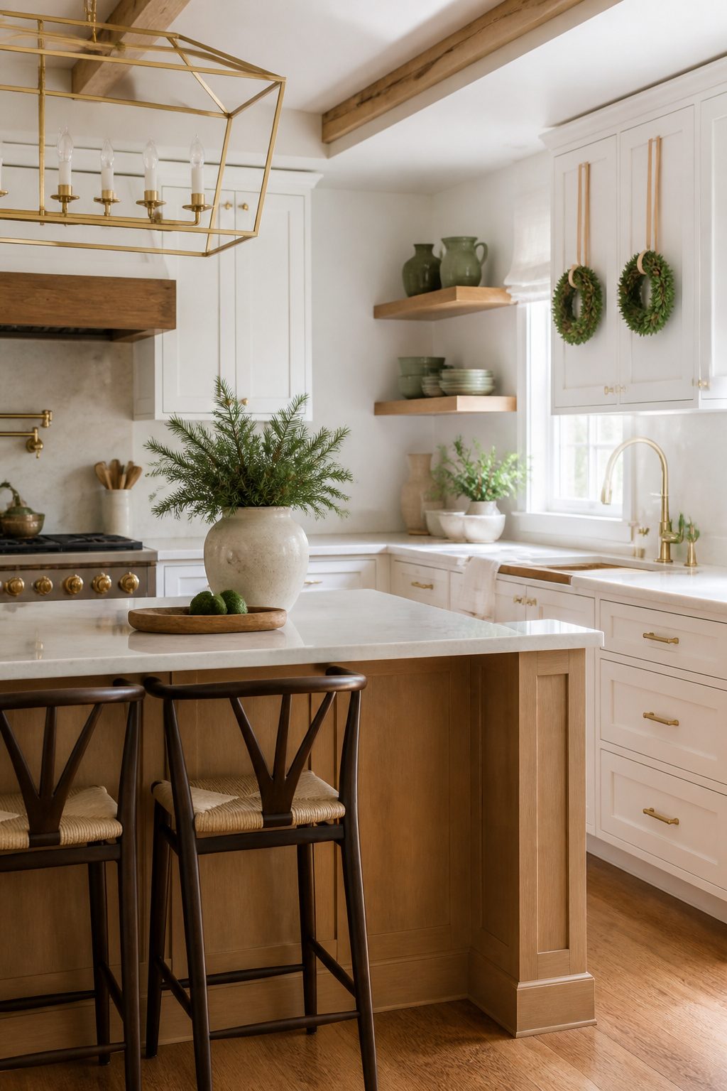 Mini wreaths hanging from cabinet doors in a kitchen.